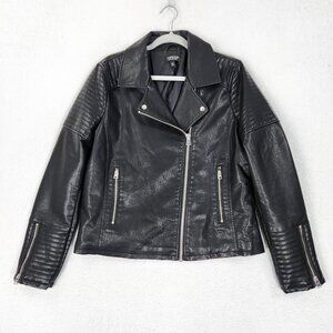 Topshop Jacket Womens 12 Black Faux Leather Biker Moto Quilted Zip Front